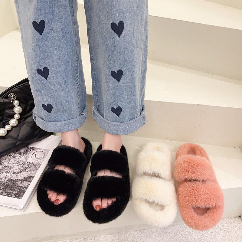 2025 Autumn and Winter Cute Cartoon Fluffy Slippers Women's Autumn and Winter Fashion Trend Word Flat Bottom Home Cotton Slippers Women
