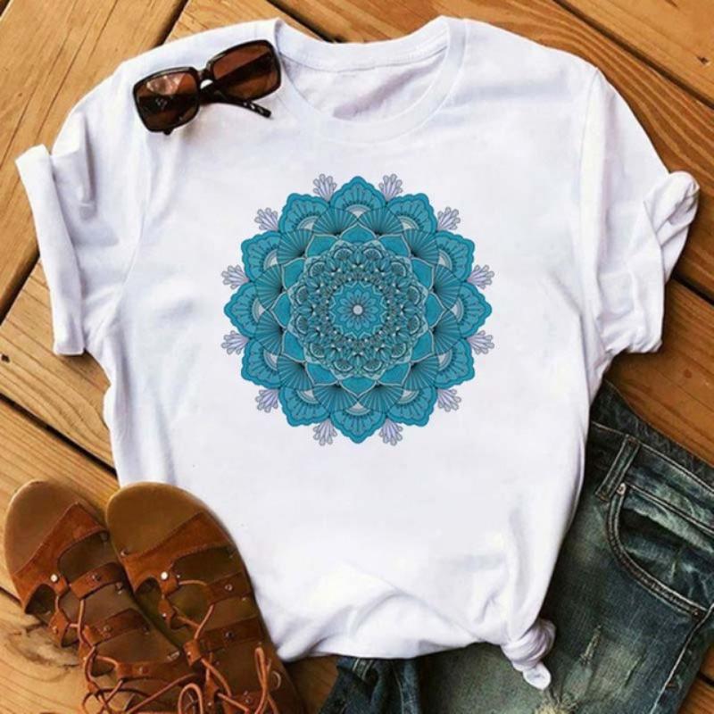New Mandala Printed T-shirt for Women's Casual Fashion T-shirt Loose Short Sleeve Girl Aesthetic Black T-shirt Top