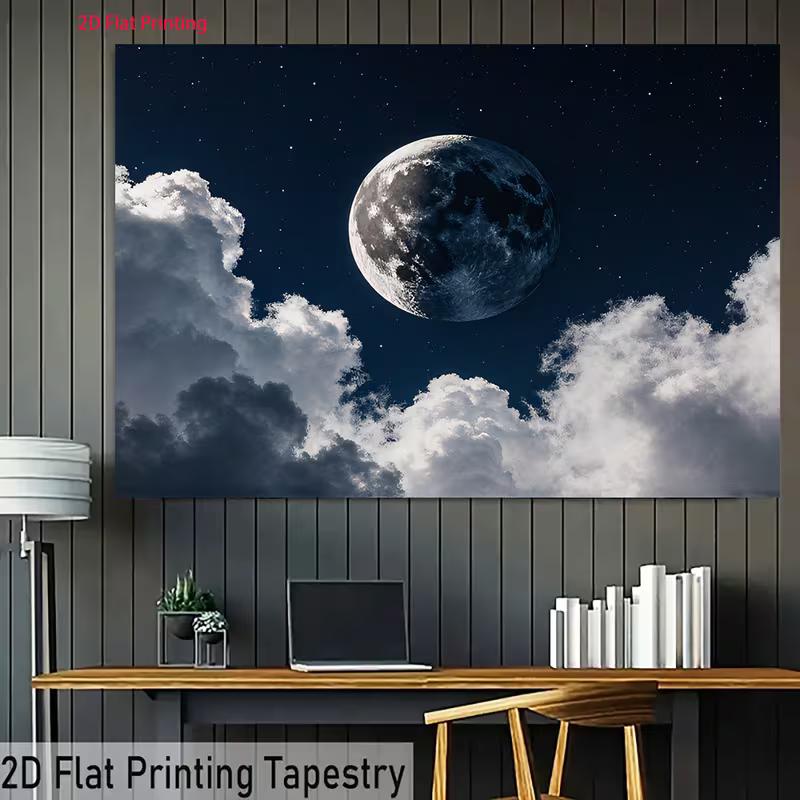 2D Night Sky Moon Wall Hanging - Realistic Moon & Cloud Background Cloth