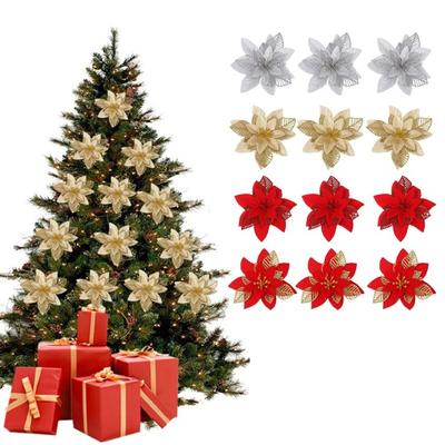 12Pcs Glitter Christmas Plastic for Flowers DIY Ornaments Hollow Florals Xmas Tree Decorations Party