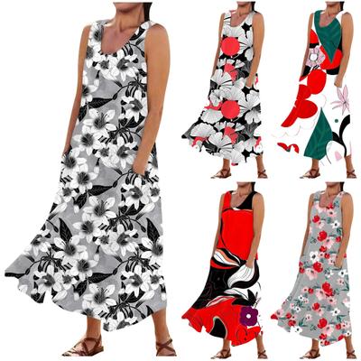 Women's Casual Comfortable Floral Print Sleeveless Cotton Pocket Dress