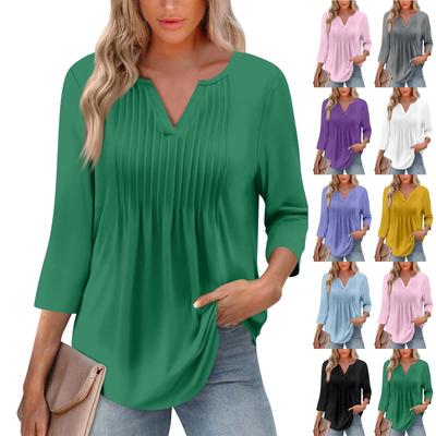 Tricou cu mâneci șapte sferturi, cu decolteu în V, pliat, la modă, pentru femei