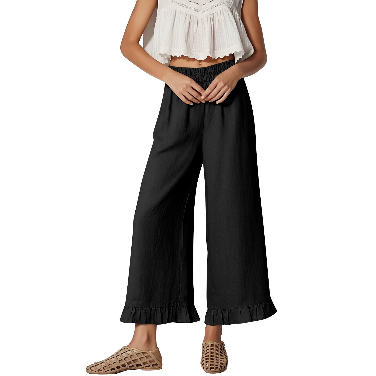 

Women Linen Palazzo Pants Boho Wide Leg Elastic Waisted Casual Pant Summer With Pockets L чёрный