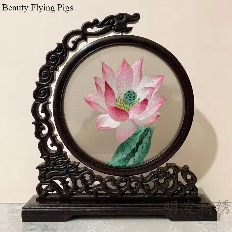 1pc, Su Embroidery Ornaments, Chinese Embroidery Crafts, Double Sided Embroidered Ornament, Solid Wood Desktop Decoration
