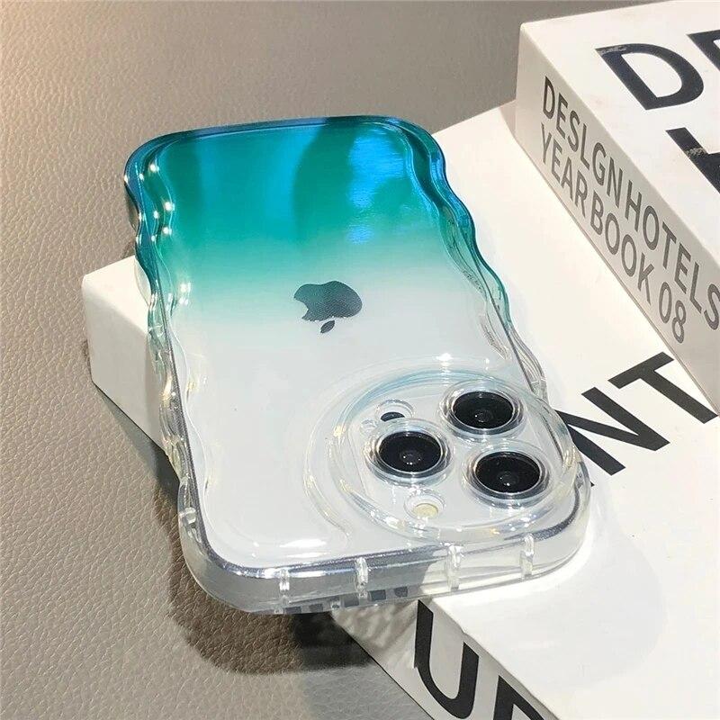 

Gradient Candy Color Transparent Phone Case For iPhone 15 14 13 12 11 Pro Max XS Lens Protection Wave Lace Silicone Cover Case