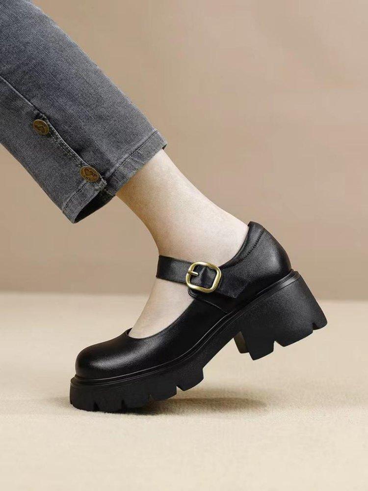 

2025 Искусственная кожа Новые туфли-лодочки с низким вырезом на одном слове, на толстой подошве, Мэри Джейн, на платформе, удобные, с мягкой подошвой, с круглым носком, женские туфли 35