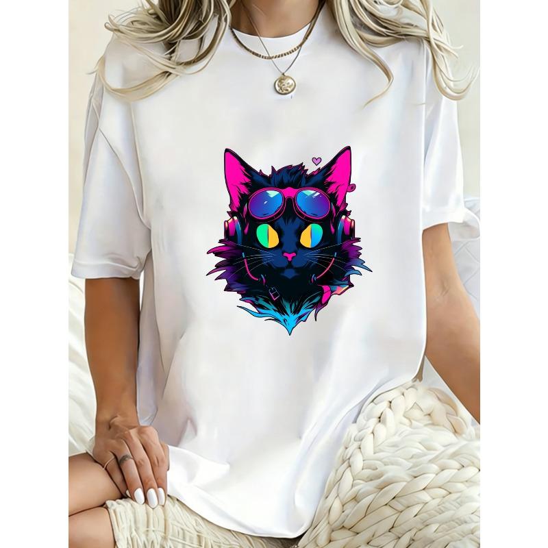 Oversized T Shirt Black Neon Cat With Sunglasses Print Casual Streetwear Fashion For Women
