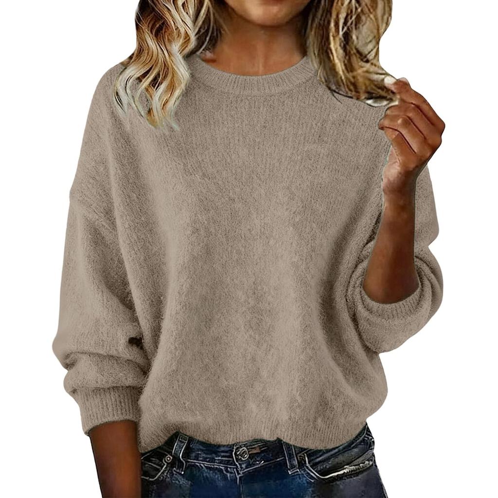 Women's Fashion Casual Loose Pullover Solid Color Round Neck Long Sleeve Knit Sweater