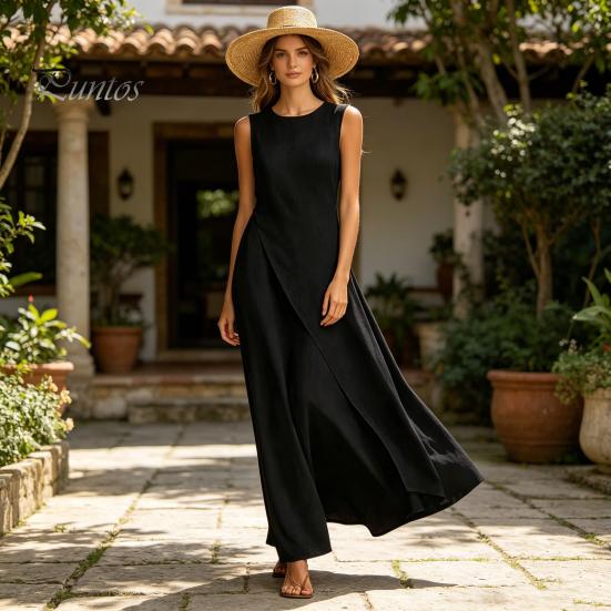 Solid Color Women Dress Women's Sleeveless Cotton Linen Dress, Casual Irregular Hem Crew Lightweight Summer Neck Long Loose Beach Vacation Sundress