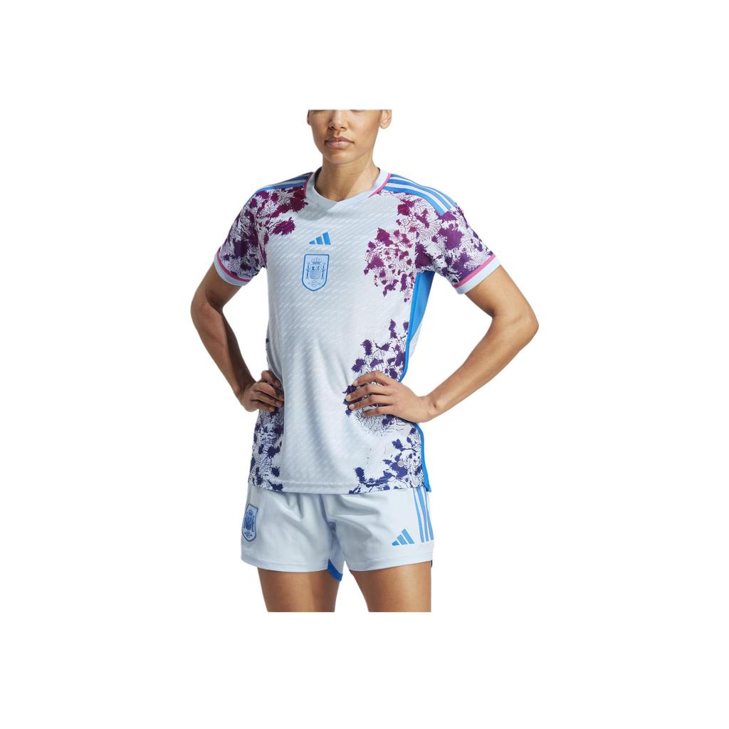 adidas Spain Away Color Block Striped Breathable Short Sleeve Football Shirt Women Tops Glowing-Blue HT4315