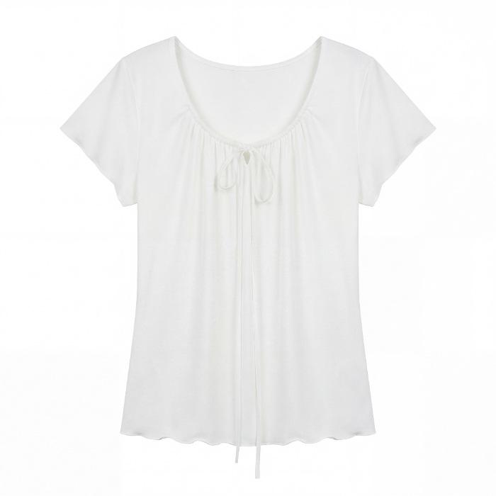 Korean White Small Flying Sleeve T-shirt Summer New Design Sense Niche Lace-up Foreign Style Versatile Top Women's Trend