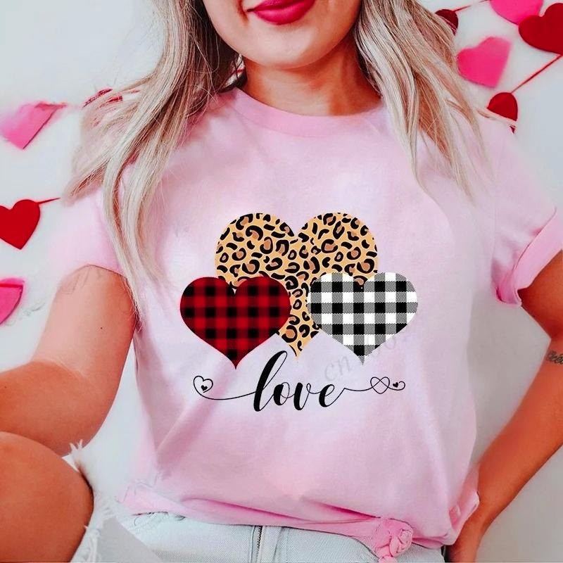 New Women's T-Shirts Clothing Valentine Leopard Love Heart Print Tees Breathable Tshirt Loose Top Harajuku Casual Short Sleeve