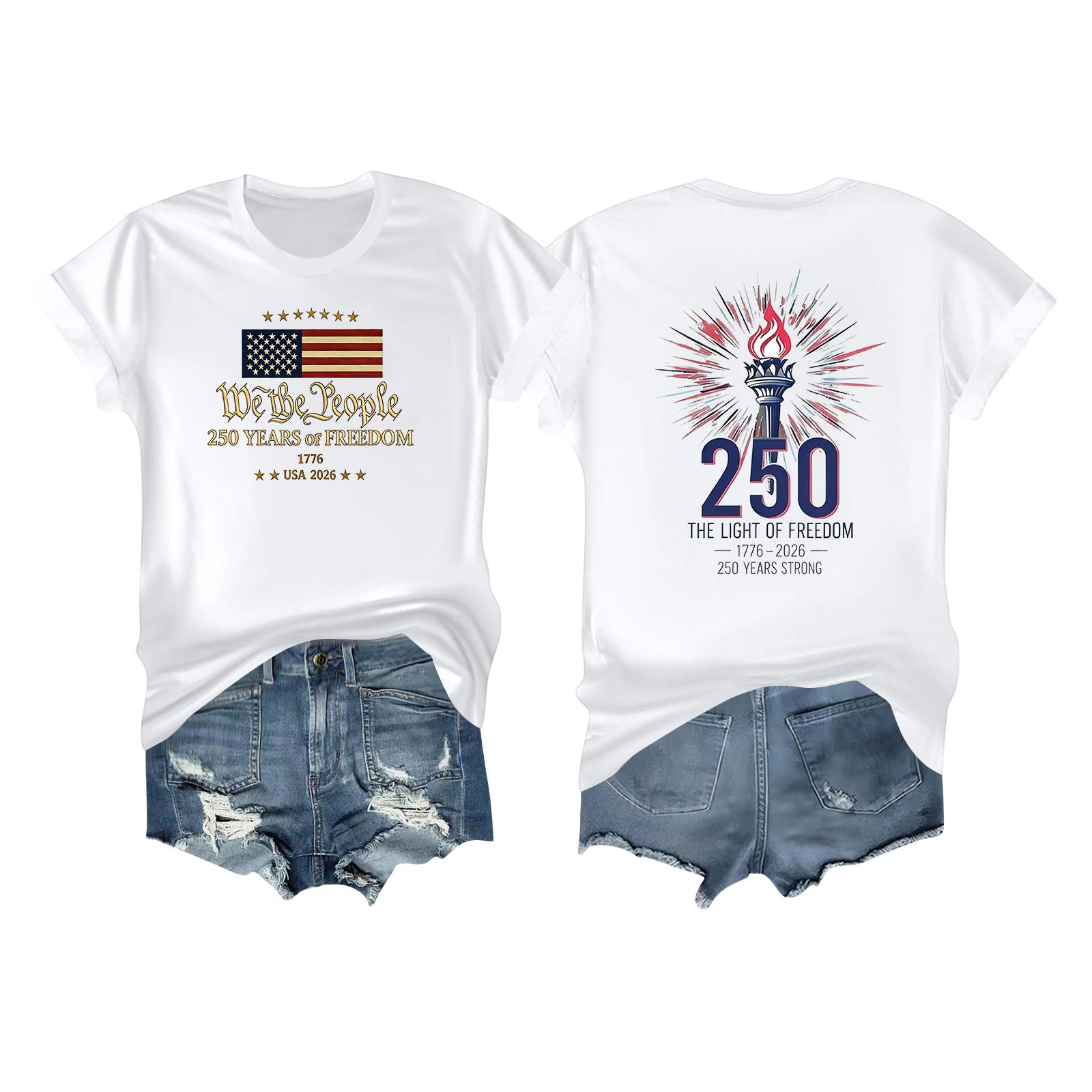 

Women s Casual Independence Day 250 Anniversary Printed T-shirt Round Neck Pullover Short Sleeve Top XL білий