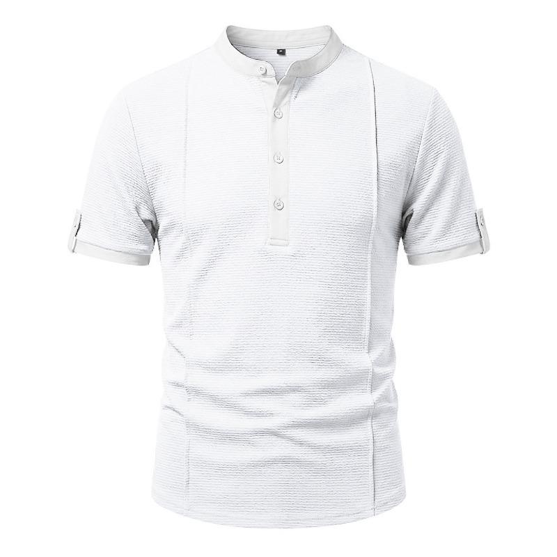 Mens American Retro Textured Henley Short Sleeve Casual Loose Vacation Commuter T Shirt