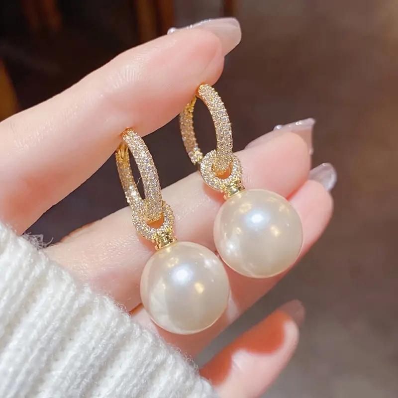 Huitan Elegant Gold Color Imitation Pearl Dangle Earrings for Women Brilliant Crystal CZ Wedding Daily Temperament Lady Zircon