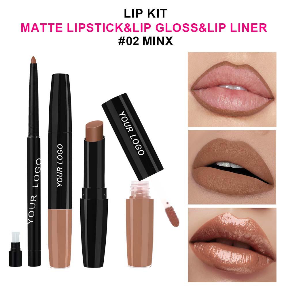 Three-in-One Matte Lipstick Set: Lipstick, Lip Liner, and Moisturizing Lip Gloss