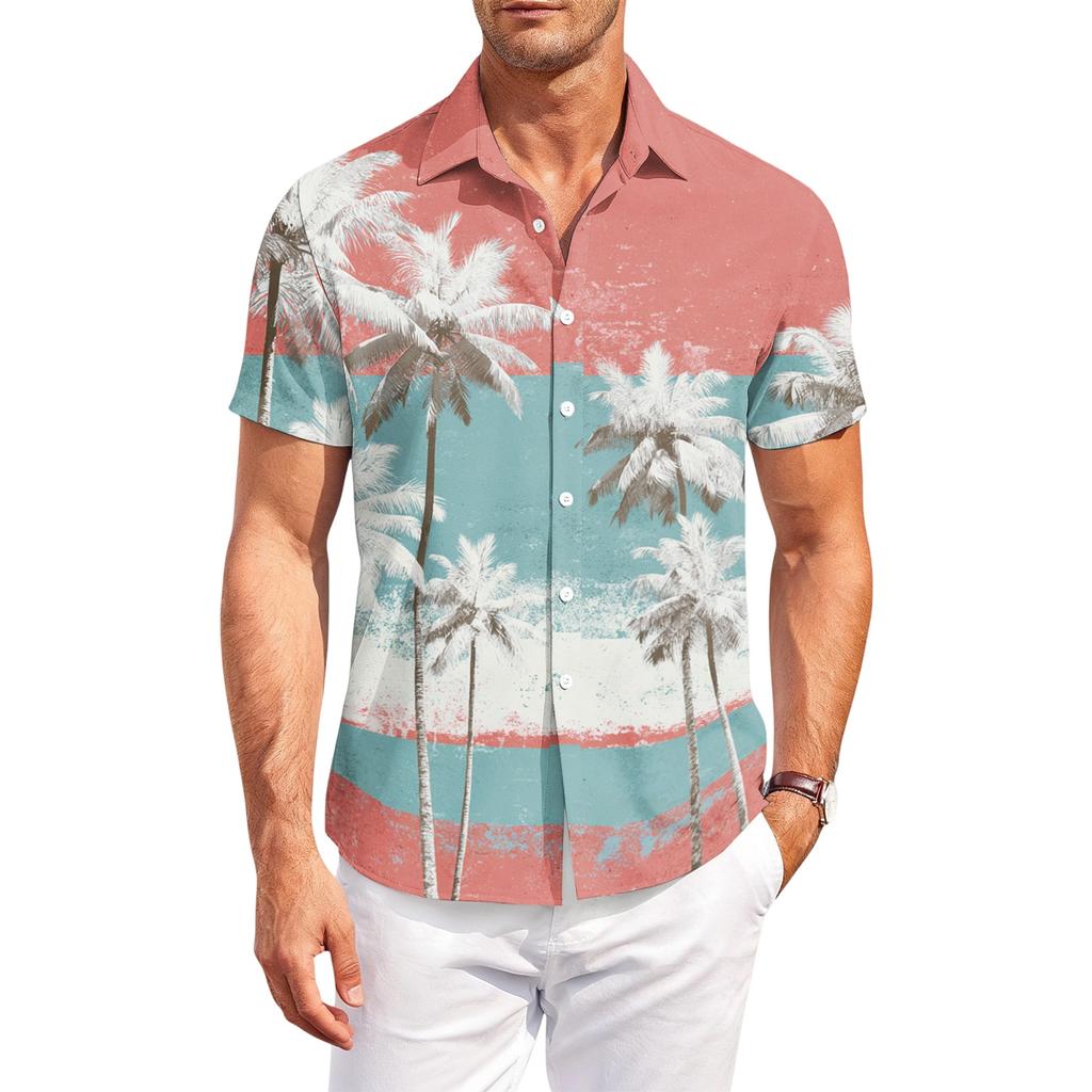 Men's Hawaiian Print Short Sleeve Button Down Shirt Casual Outdoor Collared Top with Tree Pattern for Summer Beach Vacation