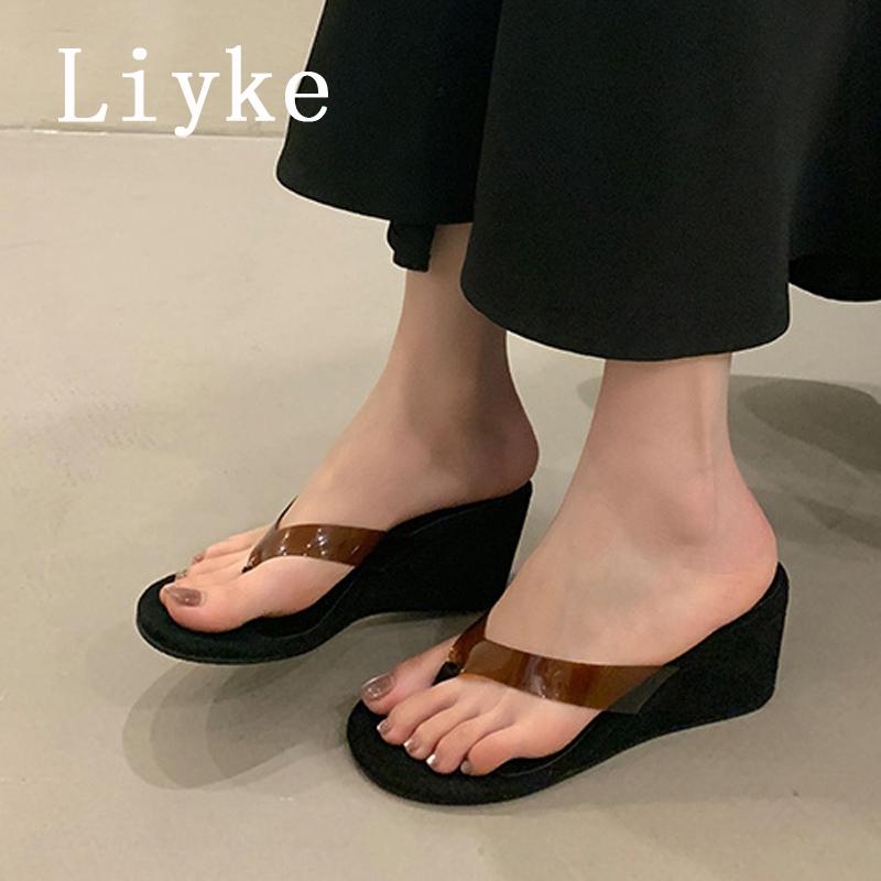 Fashion Liyke PVC Transparent Pinch Narrow Band Women Slippers Wedge Sandals Beach Party Mules Slides Shoes Summer High Heels Flip Flops