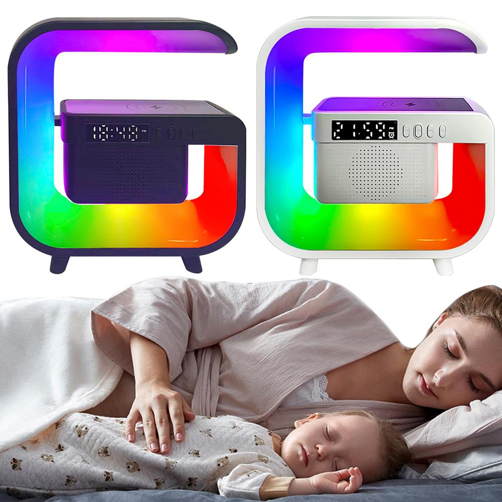 Alarm Clock with Wireless Charging Station Bluetooth-Compatible Speaker USB Charging Atmosphere Bedside Light for Home Office