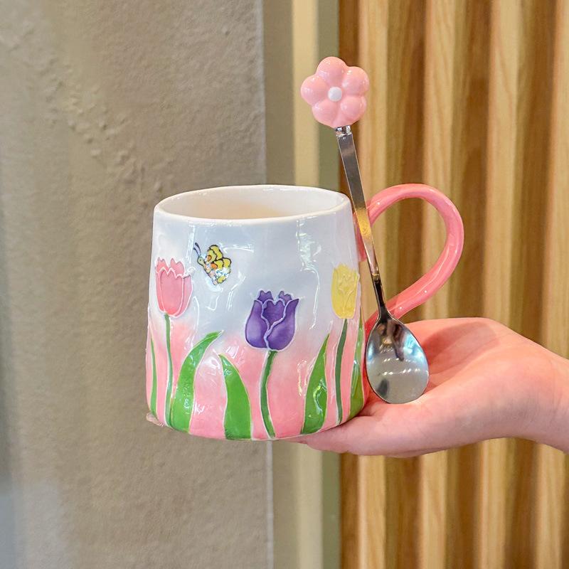 Girls Heart Ins Wind Hand-painted Tulip Ceramic Cup Girls Senior Sense Souvenir Couple Flower Mug