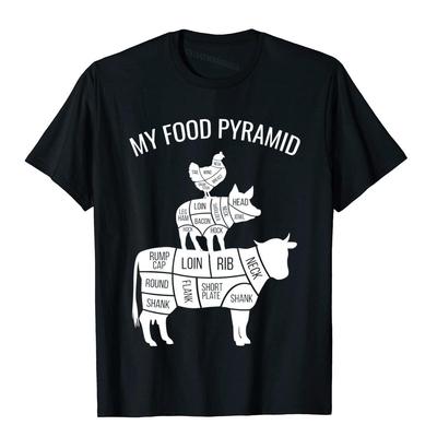 Camiseta clásica de algodón de verano para hombre con gráfico divertido de vaca, cerdo y pollo carnívoro con la pirámide alimenticia