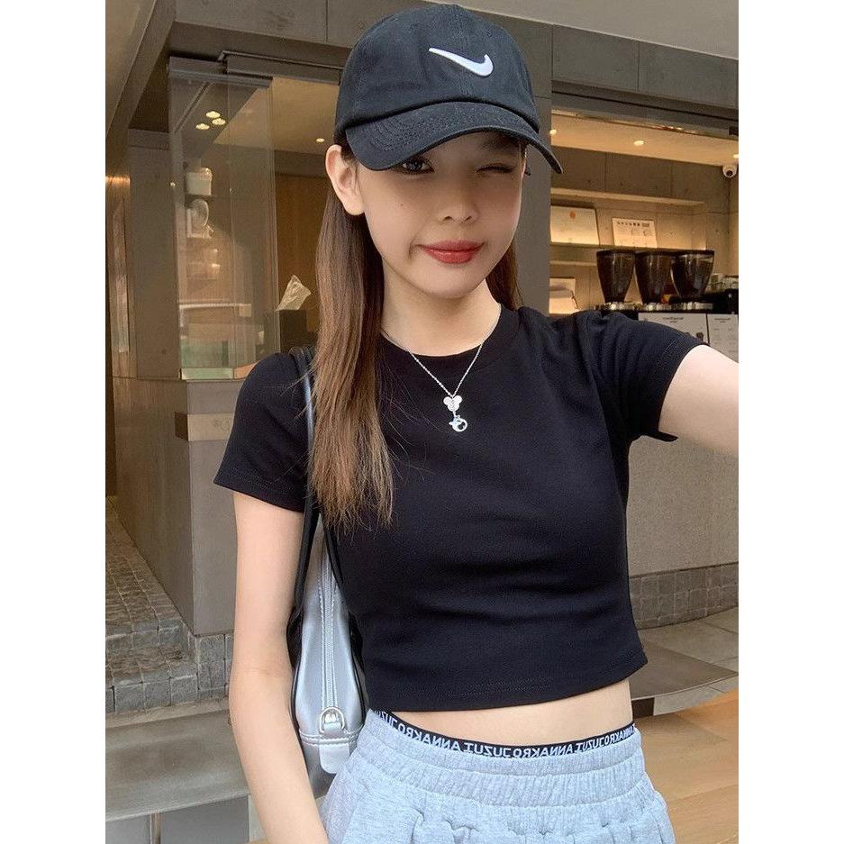 Sweet Spice Girl American Front Shoulder Crew Neck Short Sleeve T-Shirt Women's Summer New Slim-fit Mindful Top