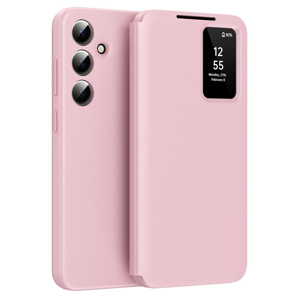 Funda de cuero para teléfono Samsung Galaxy S25+ con ventana de visualización y ranura para tarjetas