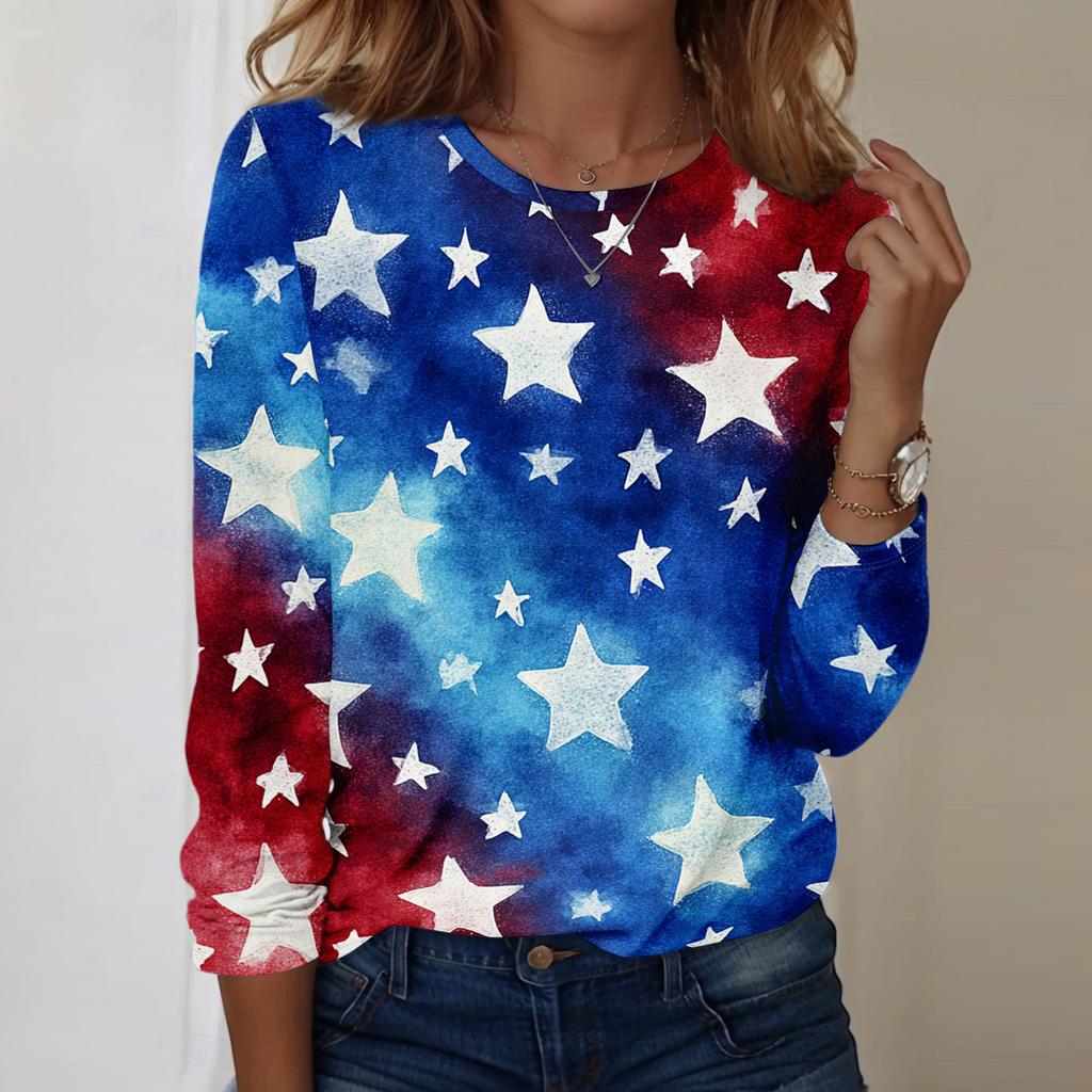 Women's Fashionable Casual Long-Sleeved Independence Day Print Neck Top