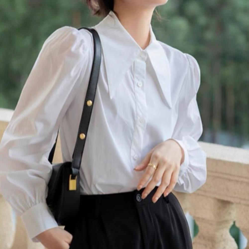 Large Peak Collar Women's Spring Design Niche Retro Shirt Commuting Formal Cotton Top