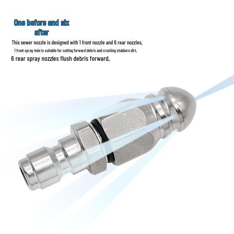 Stainless Steel High-Pressure Sewer Cleaning Nozzle, 1/4" with Front and Rear Water Jets