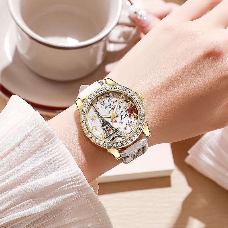 Snake Print Leather Belt Women's Watch with Eiffel Tower Design and Diamond Numerals