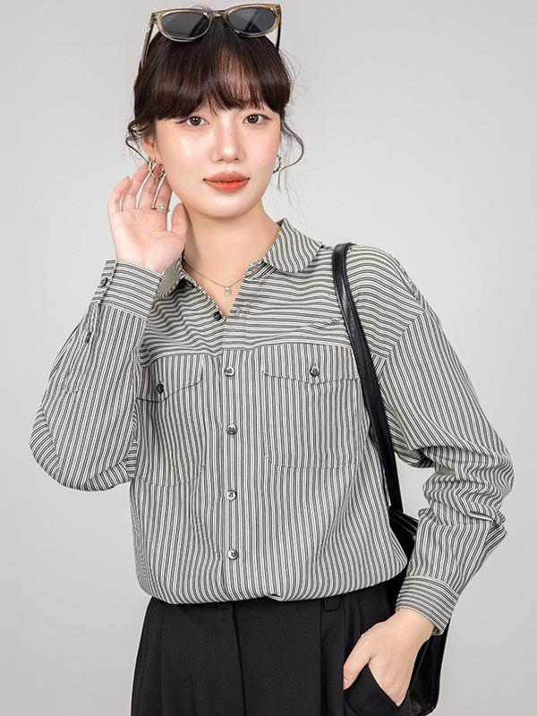 

Women s Autumn Loose Fit Retro Black Striped Shirt L