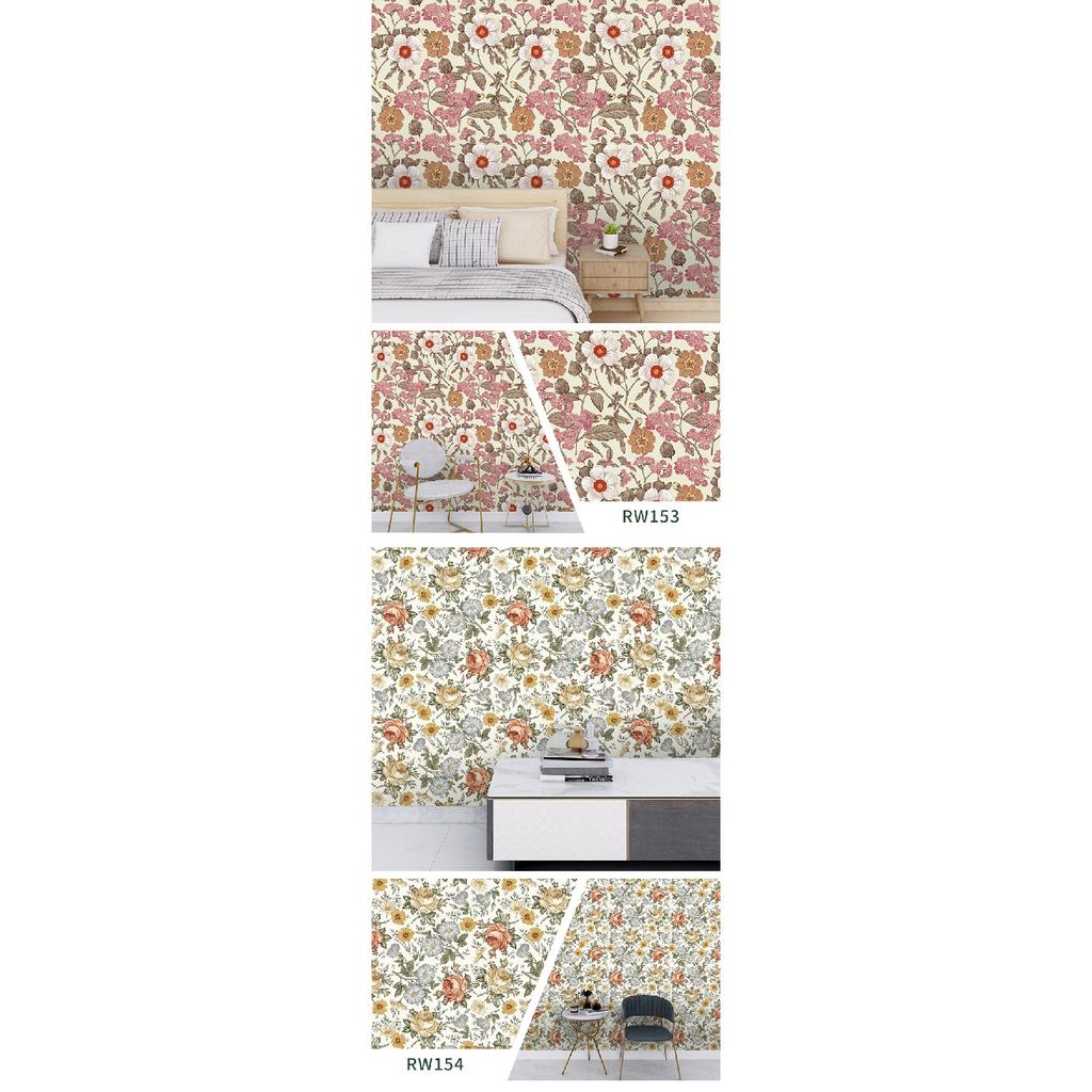 Removable Seamless Self-Adhesive Wallpaper for Living Room Background (Green Plants and Flowers)