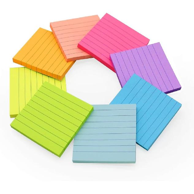 Lined Sticky Notes 3x3 in Bright Ruled Stickies Colorful Super Sticking Power Memo Pads, 82 Sheets/pad, 8 Pads/Pack