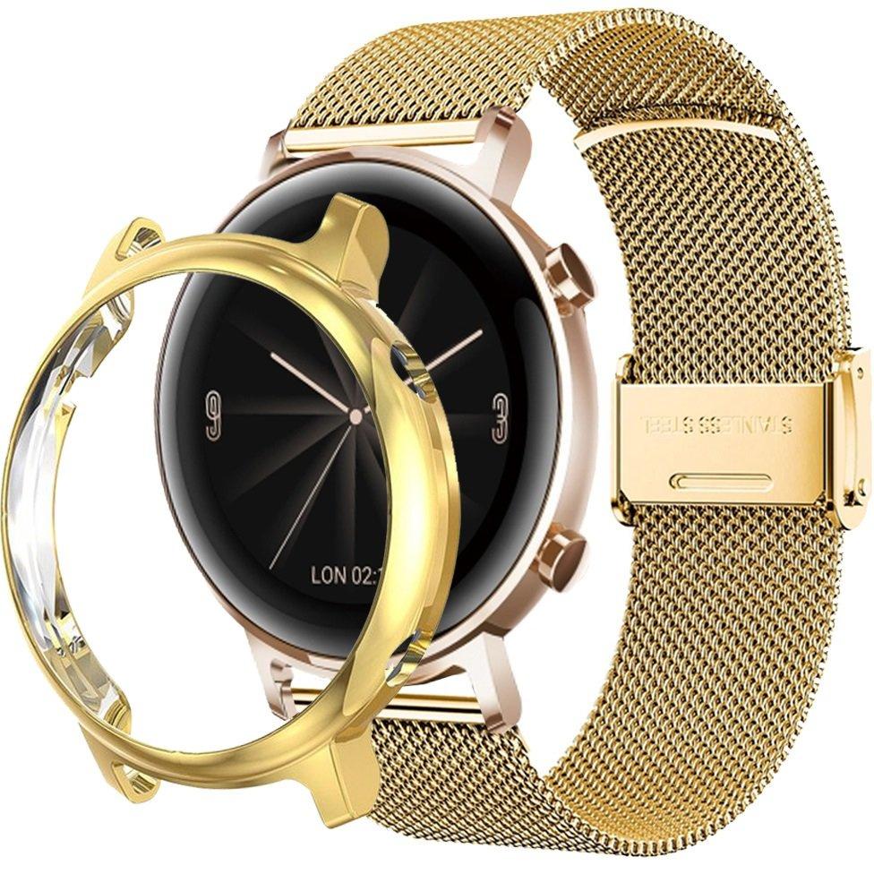 Mailänder Armband + Gehäuse mit Displayschutz für Huawei Watch GT 2 42mm, Gold