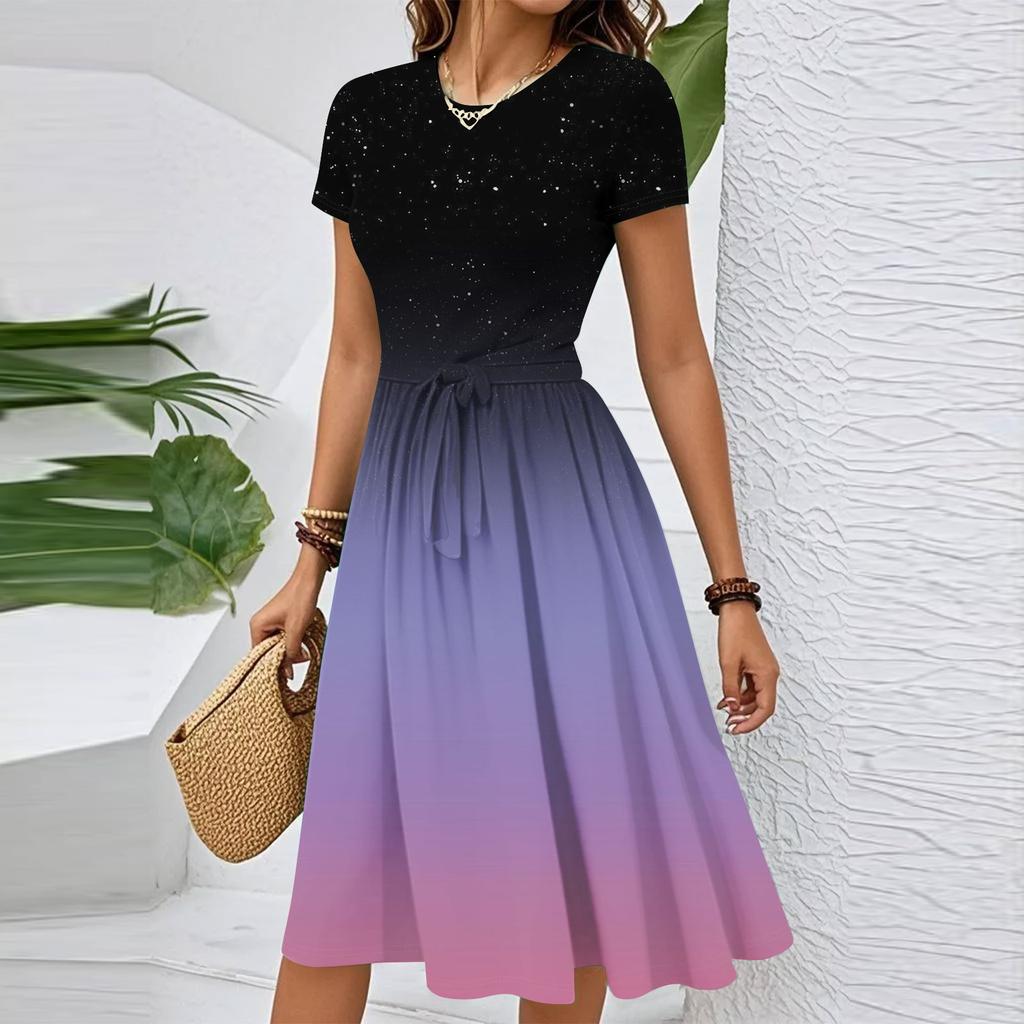 Damen Casual Mode Gürtel Kleid mit floralem Druck, kurzen Ärmeln und Rundhalsausschnitt