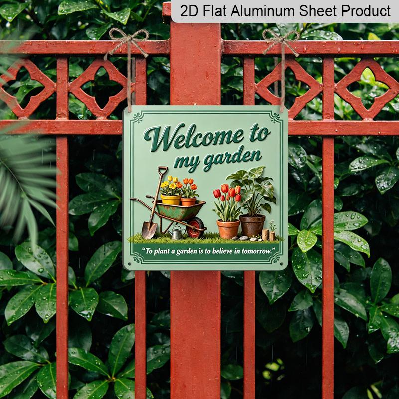 2D Flat - 1pc, Vintage Metal Aluminum Decorative Sign, Gardening Welcome Quote, Retro Wall Decor, Suitable for Garden Rooms, Porches, Entryways