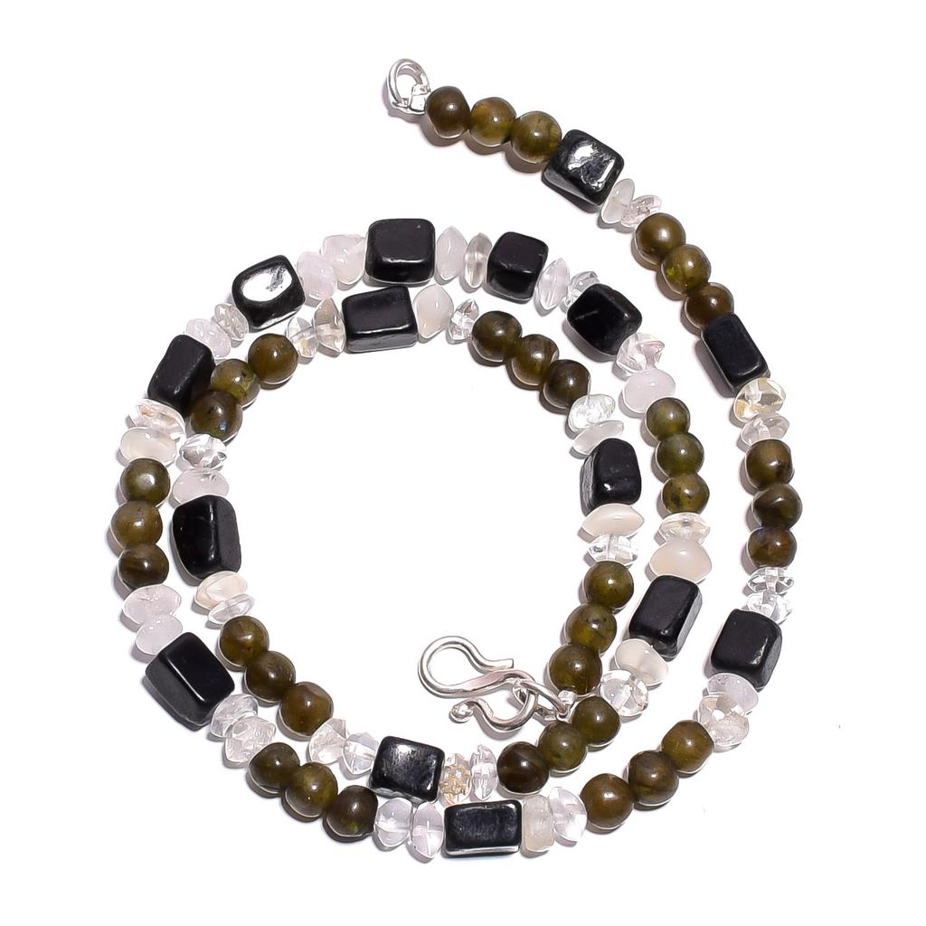 Natural Black Onyx Labradorite Crystal Gemstone Smooth Beads Necklace 17" UB4713 UB-4713
