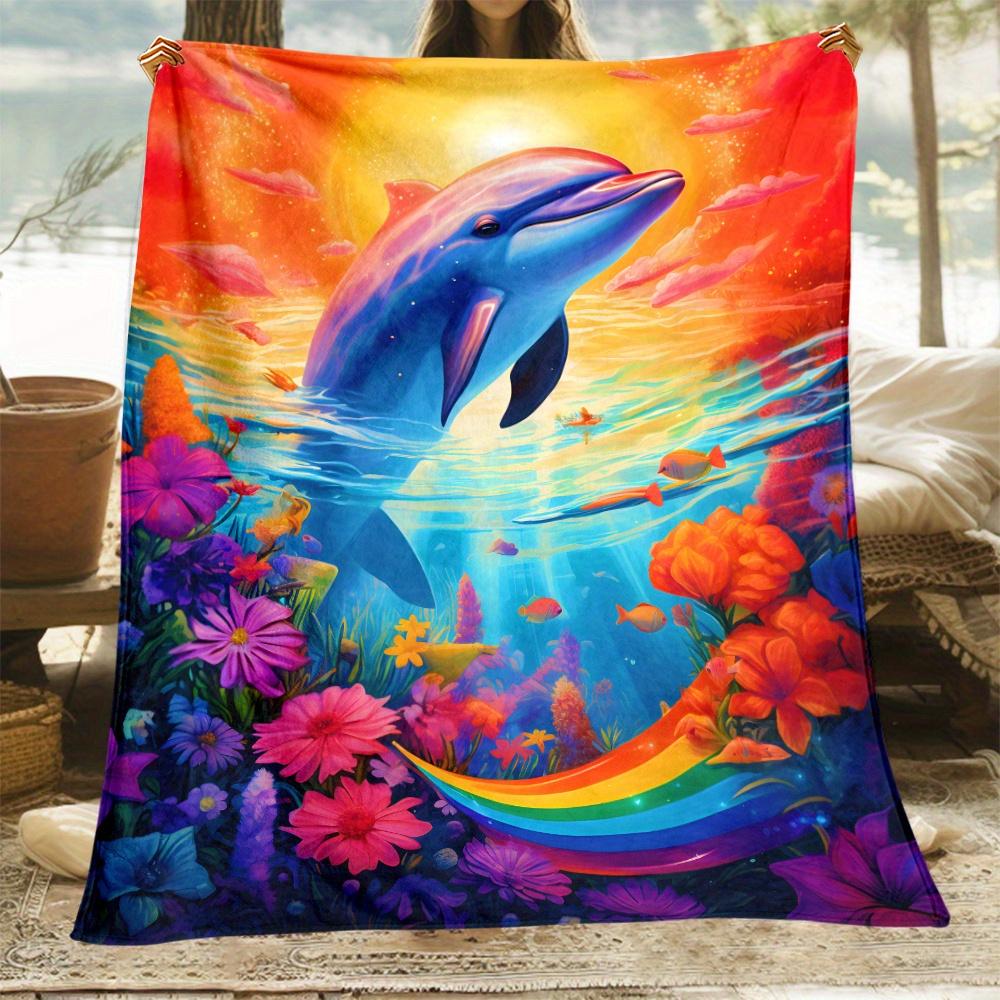 Dolphin rainbow ocean sunset fleece blanket vibrant underwater scene colorful marine life design soft throw for beach lovers 75X95CM