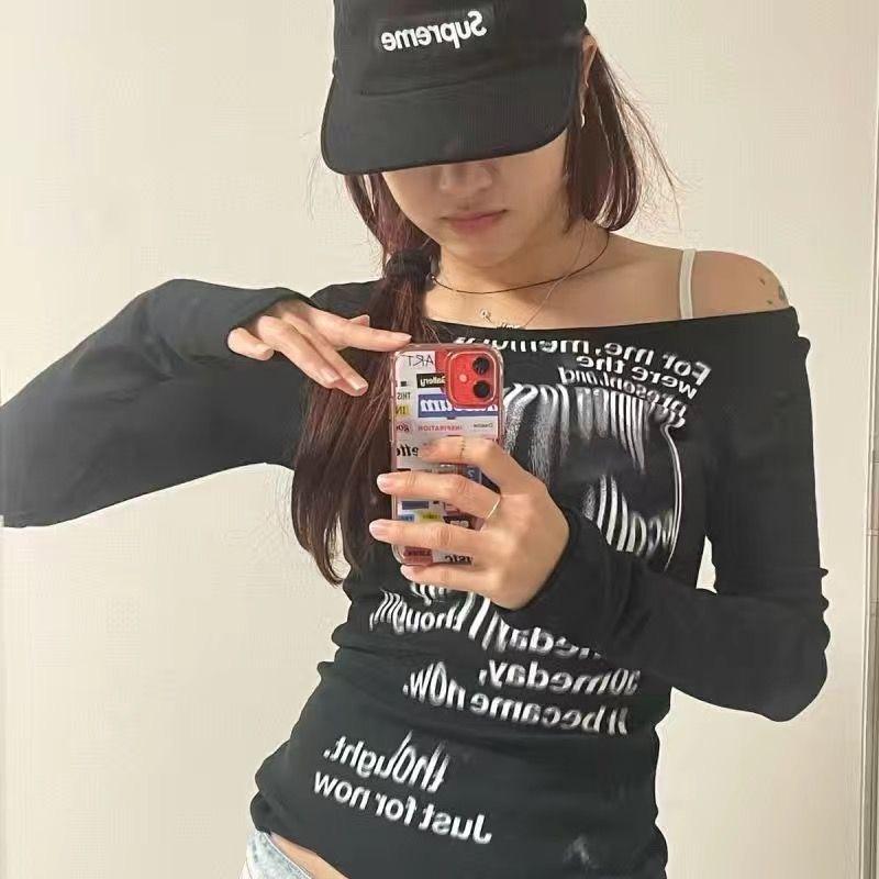 

VAYLA Женская футболка с принтом граффити, облегающие кроп-топы с длинным рукавом, эстетика Y2k, гранж-футболки, уличная одежда, футболки Харадзюку S чёрный