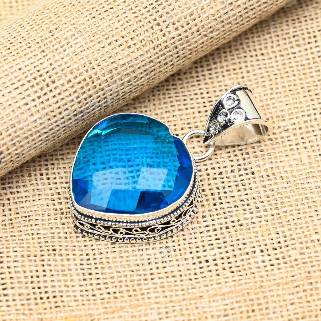 Blue Topaz Natural Gemstone Jewelry Vintage Pendent 925 Solid Sterling Silver For Wedding Gift