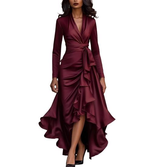 

Жіноча атласна сукня з V-подібним вирізом, з оборками, з довгим рукавом, із зав язкою на талії, з розрізом, А-силуету, сукня-запаска, формальна коктейльна сукня для гості на весілля XL вина червоного кольору