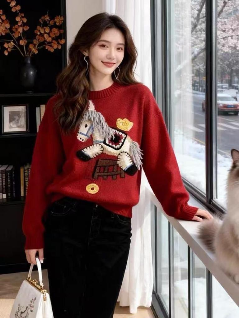 Women's Red Embroidered Horse Sweater - Round Neck, Soft Winter Knit, New 2026 Style