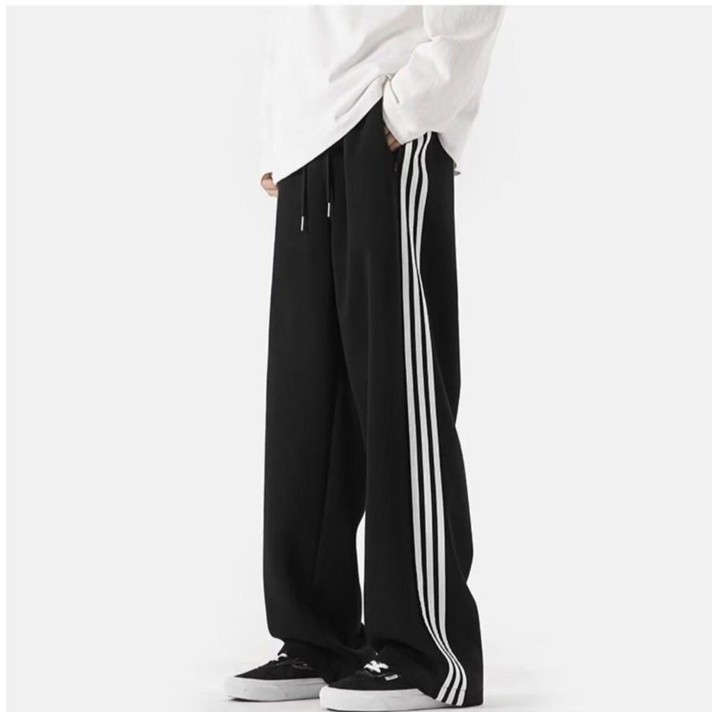 Men's High Waist Striped Sweatpants: Fashionable, Wide-Leg, Elastic, for Spring/Autumn, Perfect for Students.