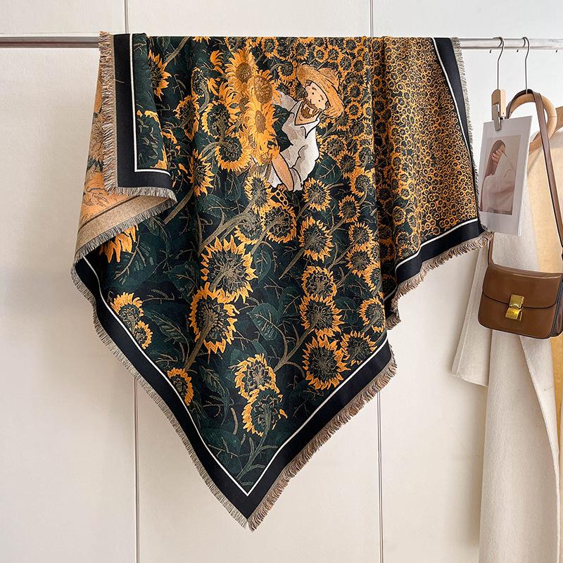 Mixed Contrasting Color Double-Sided Shawl Winter High-End Warm Square Scarf