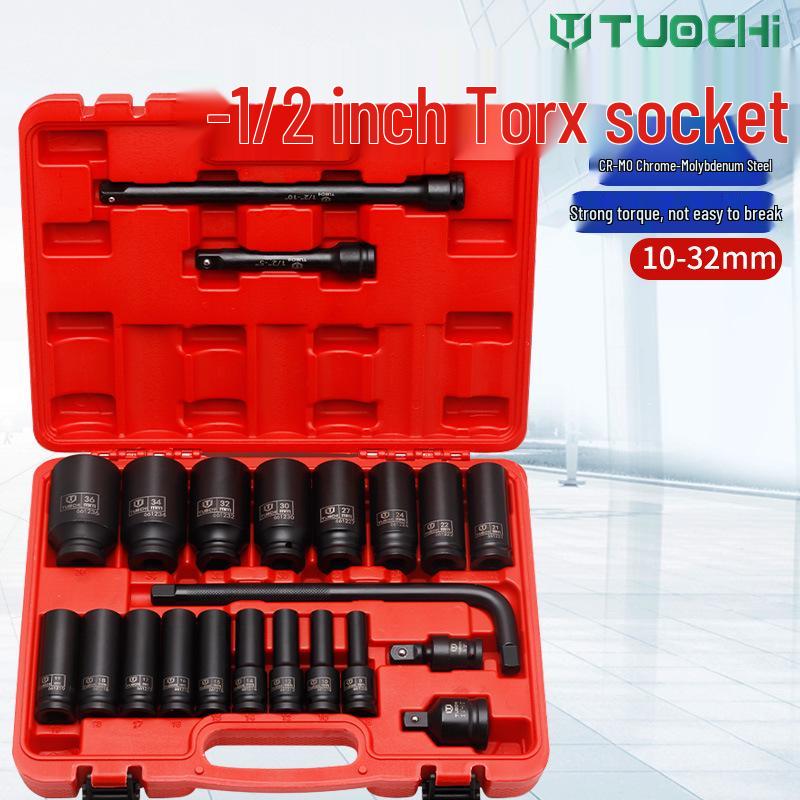 22-Piece Long Hex Socket Set, 12-Point Pneumatic, Thickened, Extended for Auto Repair & Maintenance.