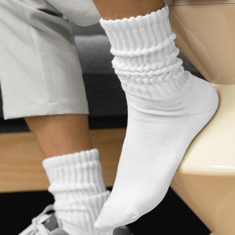 Women Pile Up Socks Fashionable Trendy Versatile White Solid Color Basic Socks Comfortable Breathable Mid Length Socks