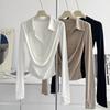 French Elegant Swing Collar Fake Two Piece Tops Women White Black Slim Fitting Long-sleeved T-shirt Korean Fashion Patchwork Casual Clothes