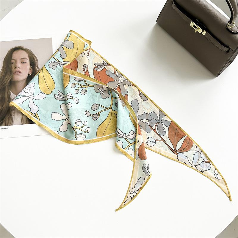 Spring and summer pastoral flower rhombus scarf dark pattern jacquard simulation silk scarf women's neck temperament small scarf tied bag