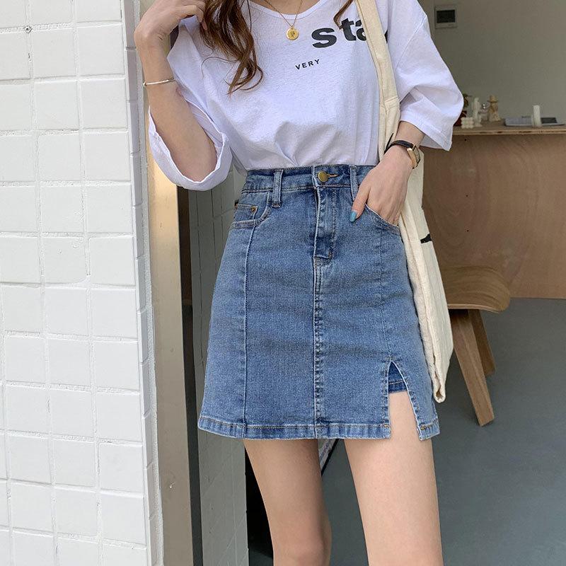 Fustă Scurtă de Vară pentru Dame, din Denim, Tinerescă și Subțiatoare, Fustă Scurtă A-line cu Pachet pe Șold, Design Deschis, Elastică, Negru